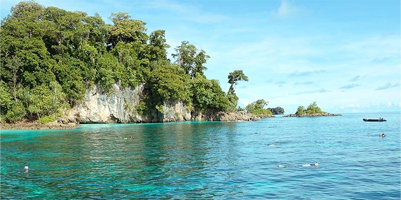 clear blue water and cliffs with green trees