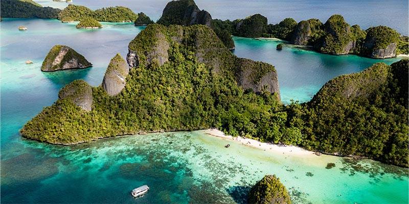 clear blue water with tree covered mountains